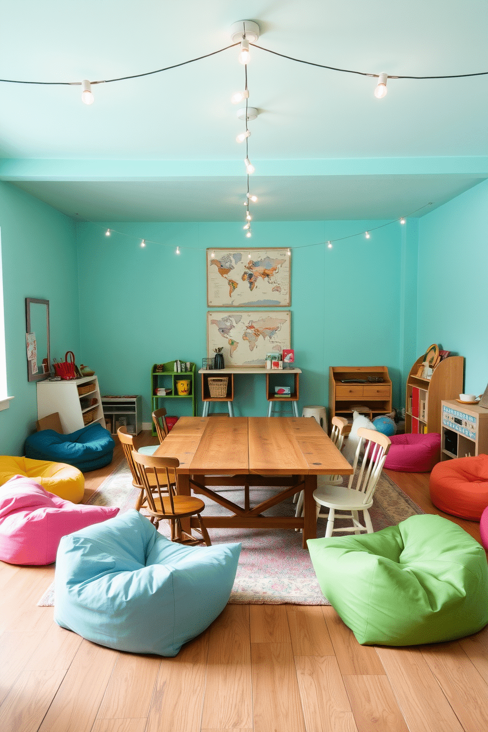 A vibrant game room filled with playful energy. The walls are painted in a bright pastel hue, and colorful bean bags are scattered around the space for seating. A large wooden game table is centered in the room, surrounded by mismatched chairs that add a whimsical touch. String lights hang from the ceiling, casting a warm and cheerful glow throughout the area.