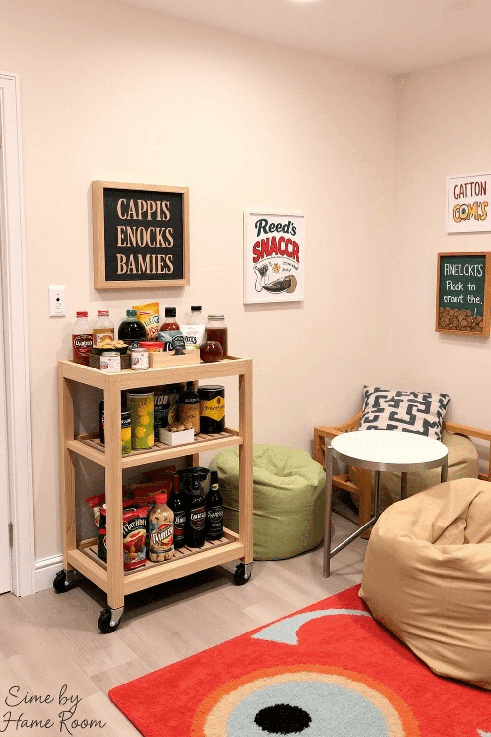 A refreshing snack corner designed for a game room features a sleek bar cart made of light wood with an assortment of colorful snacks and beverages displayed on it. The walls are painted in a soft pastel color, and a cozy seating area with bean bags and a small round table is set up nearby, inviting relaxation and fun. The floor is covered with a vibrant area rug that adds a playful touch to the space. Decorative wall art related to games and snacks enhances the atmosphere, creating a lively and inviting environment for friends and family to gather.