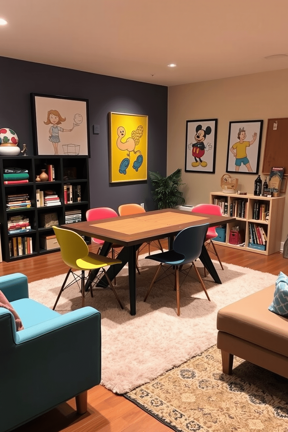 A vibrant game room featuring a stylish game table at its center. The table is surrounded by colorful chairs, and the walls are adorned with playful artwork that reflects a lively atmosphere. The floor is covered in a plush area rug that adds warmth and comfort to the space. In one corner, a cozy seating area invites relaxation, complete with a small bookshelf filled with games and decorative items.