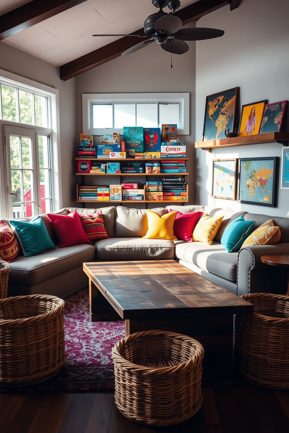 A vibrant game room filled with natural light. The space features a large sectional sofa adorned with colorful throw pillows and a rustic coffee table made from reclaimed wood. Wicker baskets are strategically placed around the room for stylish storage, adding texture and warmth to the decor. A wall-mounted shelf displays an array of board games and vibrant artwork, creating an inviting atmosphere for gatherings.