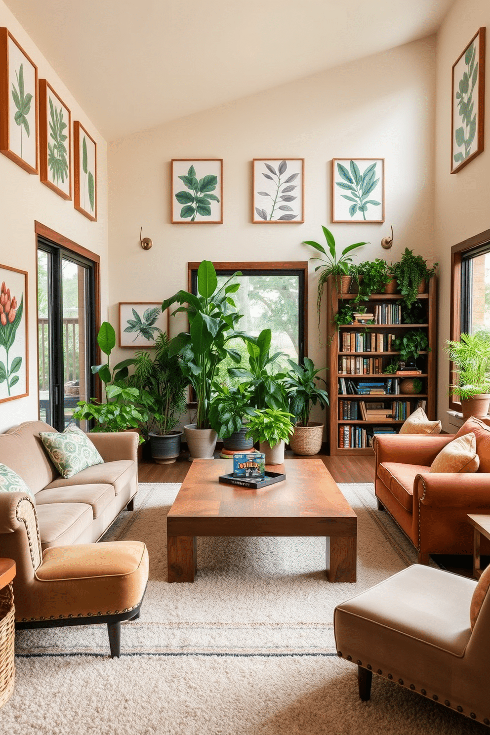 A vibrant game room featuring nature-inspired decor elements. The walls are adorned with botanical prints, and a wooden coffee table is surrounded by plush seating in earthy tones. Large windows allow natural light to flood the space, showcasing a lush indoor plant collection. A rustic bookshelf filled with games and books complements the natural theme, while a soft area rug adds warmth underfoot.