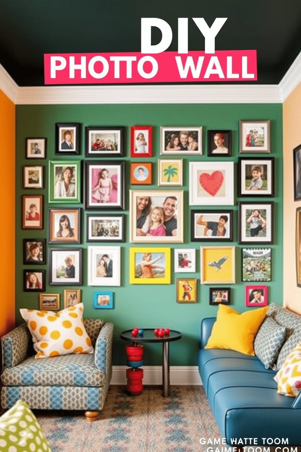 Create a DIY photo wall that showcases cherished memories with a mix of framed photographs and colorful prints. Incorporate a variety of sizes and styles for the frames to add visual interest and create a personal touch. Design a vibrant game room that balances fun and relaxation with comfortable seating and engaging decor. Use bright colors and playful patterns to create an inviting atmosphere that encourages social interaction and enjoyment.