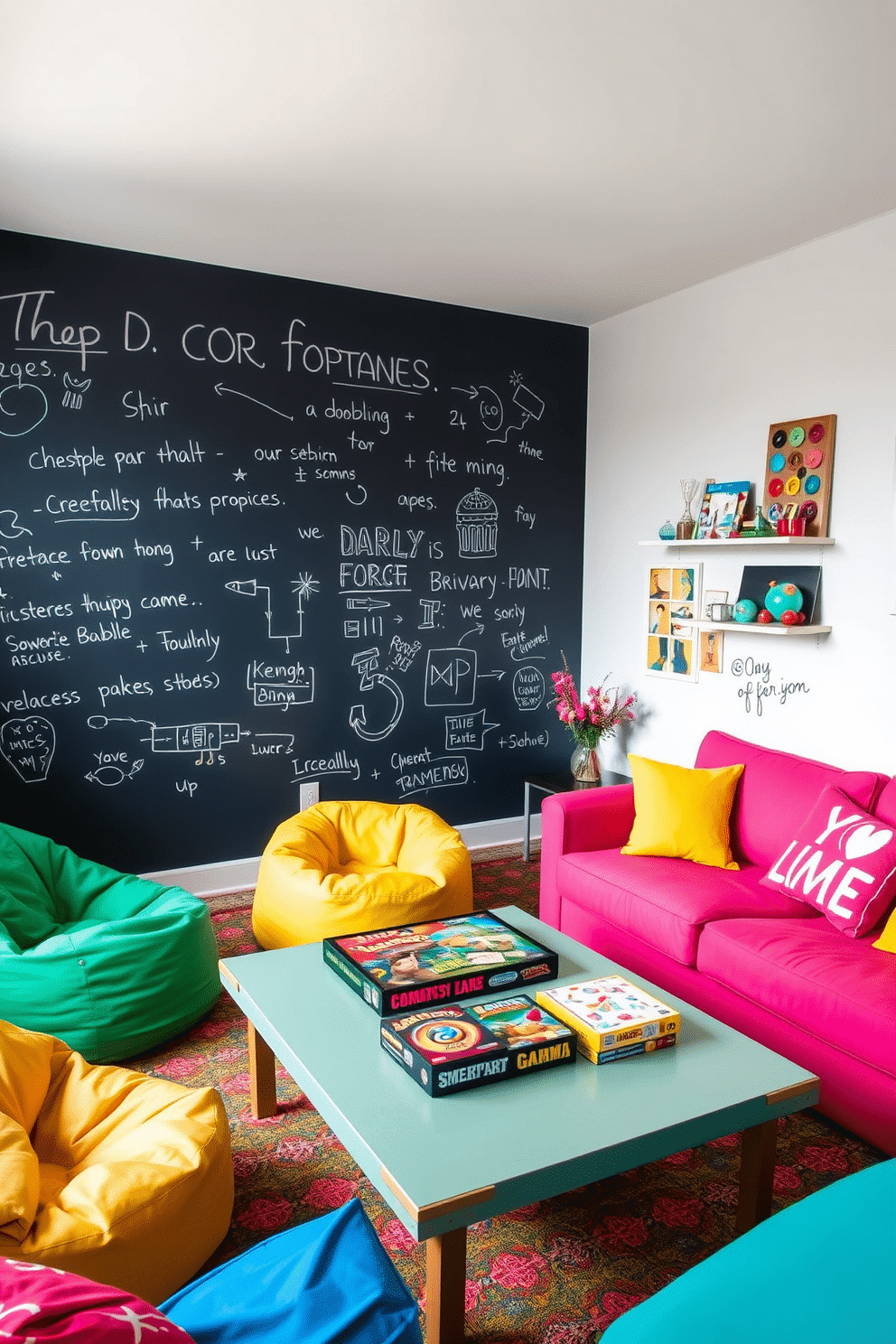 A vibrant game room designed for creativity and fun. One wall features a large chalkboard surface for doodling and brainstorming, encouraging playful expression. The room is filled with comfortable seating options in bright colors, including bean bags and a cozy sectional sofa. A stylish coffee table sits in the center, surrounded by board games and colorful decor.