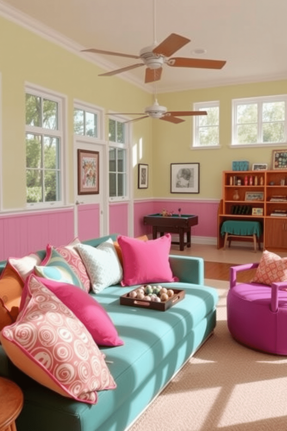 A vibrant game room filled with natural light features a cozy seating area adorned with bright cushions in various patterns and colors. The walls are painted in a cheerful pastel hue, creating an inviting atmosphere perfect for entertaining friends and family.