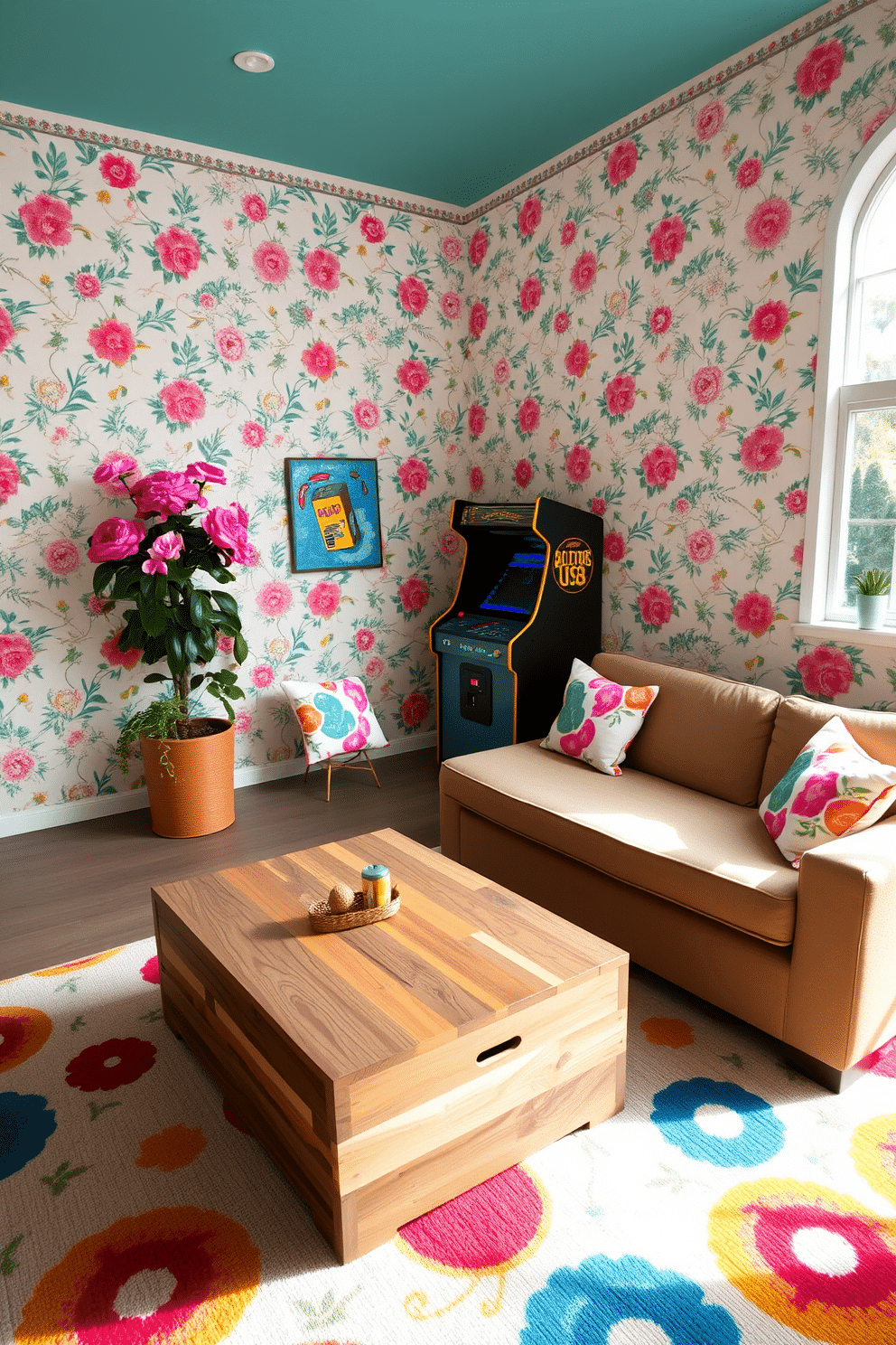 A vibrant game room filled with natural light features walls adorned with cheerful floral wallpaper in pastel colors. The space includes a plush sectional sofa with floral print cushions and a large coffee table made of reclaimed wood. In one corner, a vintage arcade machine stands next to a potted plant with bright blooms, adding a touch of nature. The area is completed with a colorful area rug that ties together the playful theme, inviting guests to relax and enjoy.