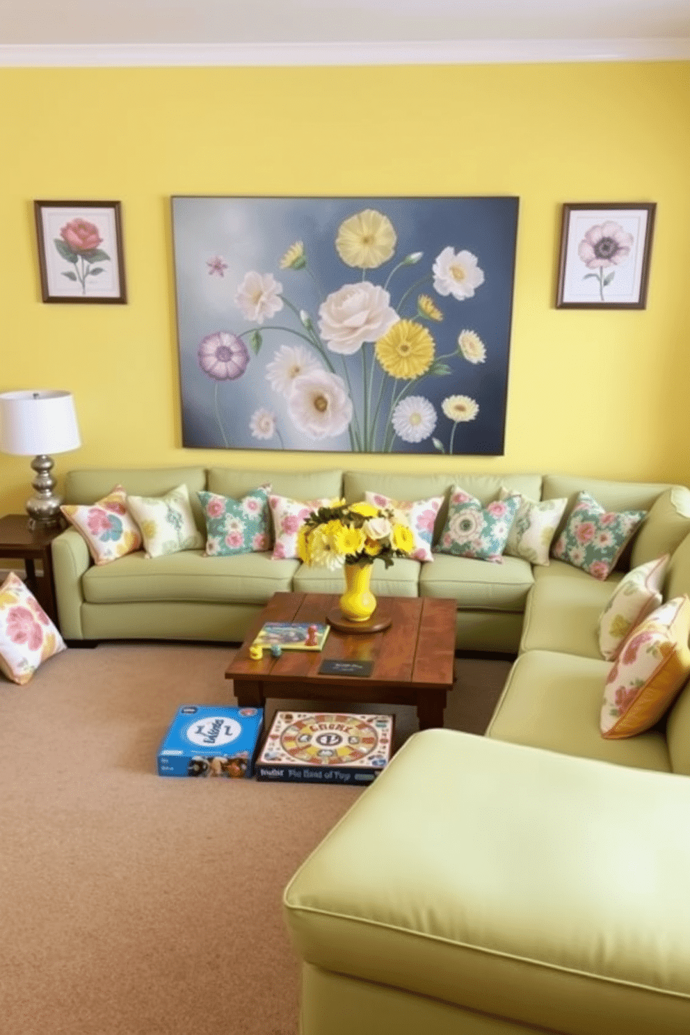 A vibrant game room designed for a spring-themed game night. The walls are painted in a cheerful pastel yellow, adorned with floral artwork that captures the essence of the season. A large, comfortable sectional sofa in light green provides ample seating, accented by colorful throw pillows featuring floral patterns. A rustic wooden coffee table sits at the center, surrounded by playful board games and fresh flowers in a bright vase.