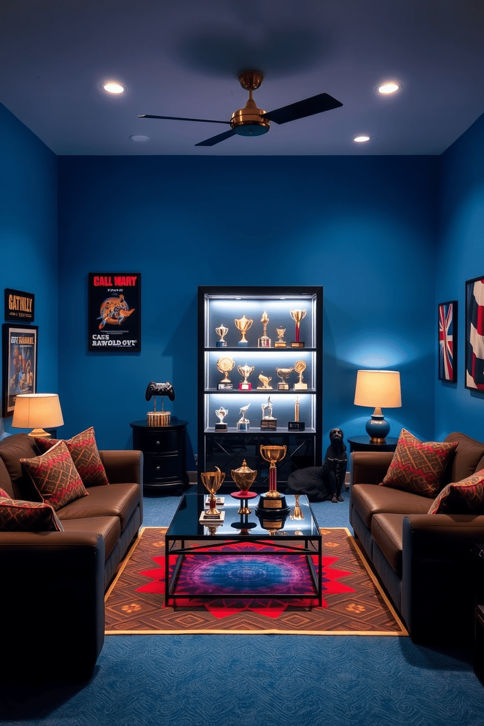 A vibrant game room filled with energy and excitement. The walls are painted in a bold blue hue, and plush seating is arranged around a central coffee table. A stylish showcase displays an impressive collection of game trophies, illuminated by soft LED lighting. Decorative elements like framed posters of classic video games and a colorful rug add personality to the space.