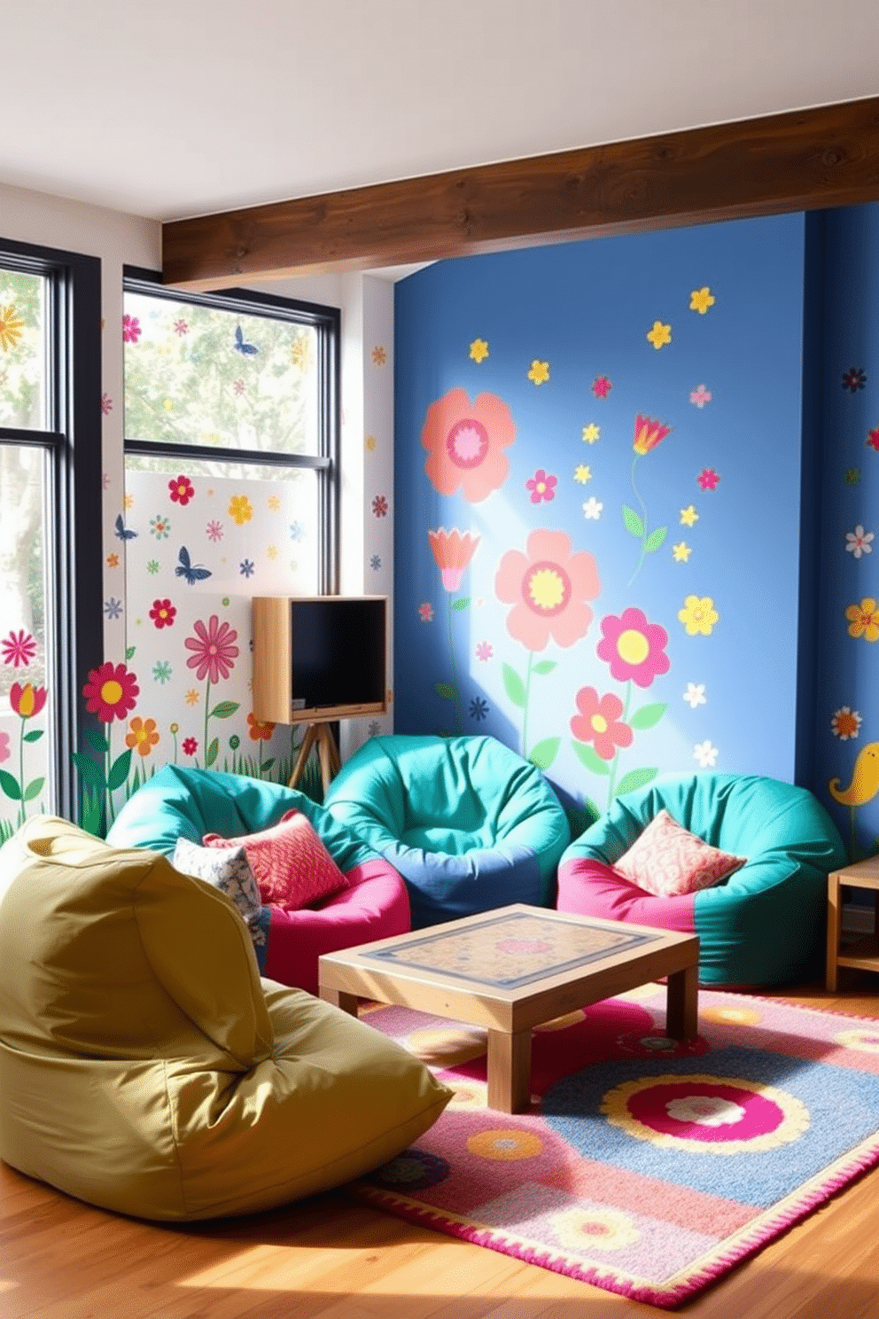 Create a vibrant game room filled with playful wall decals that capture the spirit of spring. The walls are adorned with colorful floral designs and whimsical characters, adding a cheerful atmosphere to the space. Incorporate a cozy seating area with bean bags and a low table for board games. Brightly colored rugs enhance the playful vibe, while natural light streams in through large windows, creating an inviting environment for fun and relaxation.