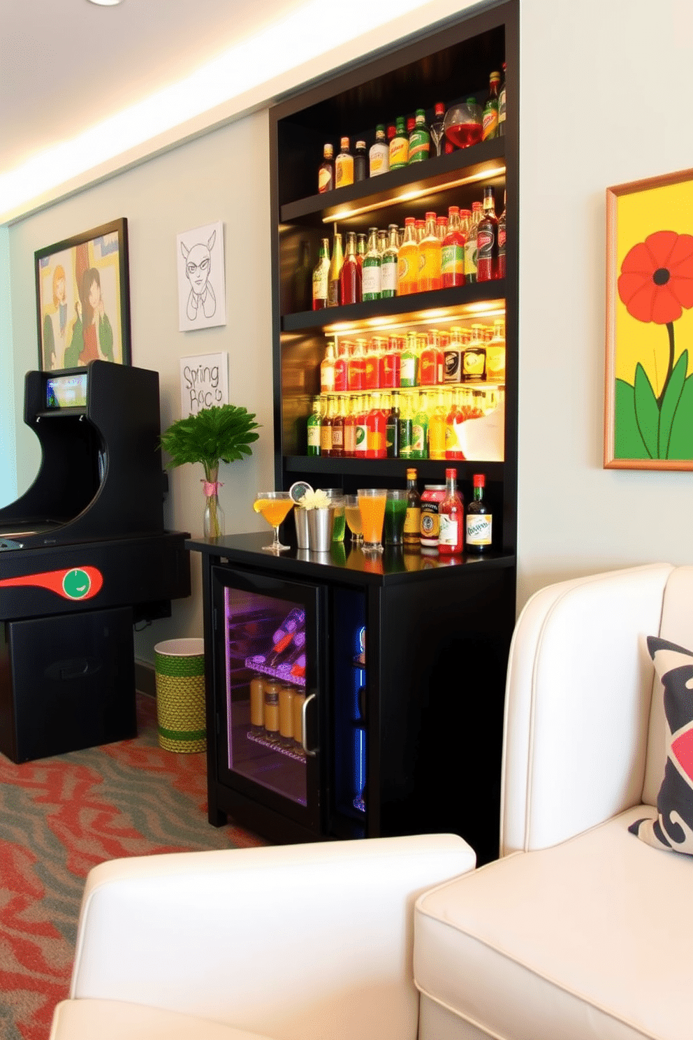 A vibrant game room featuring a stylish mini bar stocked with an array of colorful spring drinks. The walls are adorned with playful artwork, and comfortable seating invites guests to relax and enjoy the lively atmosphere.