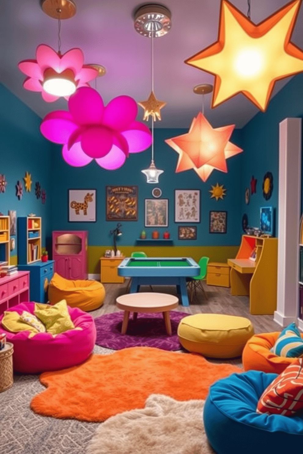 A whimsical game room filled with playful decor and vibrant colors. The space features unique lighting fixtures resembling oversized flowers and stars, casting a warm glow over the playful furniture. Colorful bean bags and plush rugs create a cozy atmosphere, inviting friends and family to gather and enjoy games together. Wall art showcases fun and imaginative themes, enhancing the room's cheerful vibe.