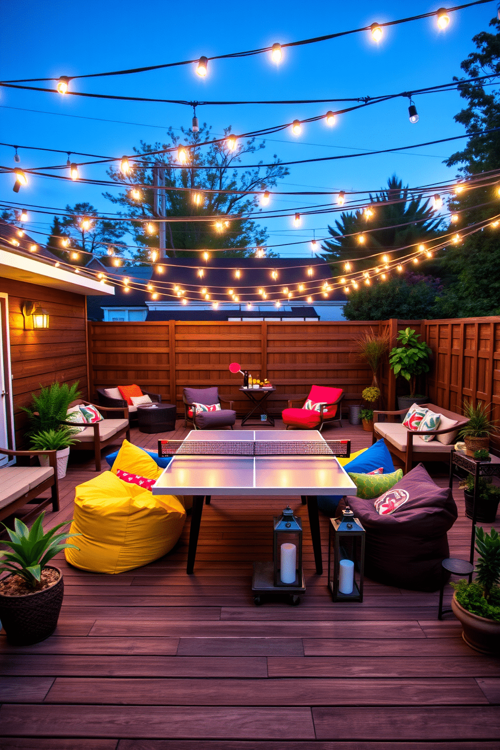 A vibrant outdoor game area featuring a large wooden deck with comfortable seating arrangements. String lights are hung overhead, creating a warm ambiance for evening gatherings. In the center, a stylish ping pong table is surrounded by colorful bean bags and a small bar cart stocked with refreshments. Potted plants and decorative lanterns add a touch of greenery and charm to the space.