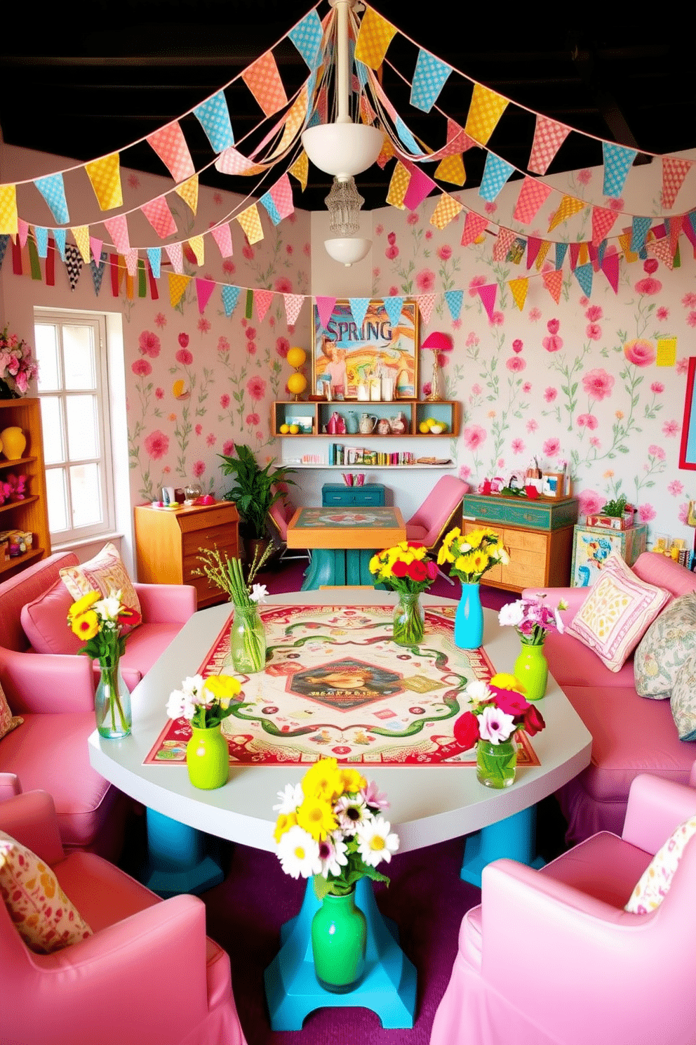 A vibrant game room filled with spring-themed decorations. The walls are adorned with pastel-colored bunting and cheerful floral prints, creating a lively atmosphere. In the center, a large table is set up with a variety of board games, surrounded by comfortable seating in soft, bright fabrics. Fresh flowers in colorful vases are scattered around the table, adding a touch of nature to the playful setting.