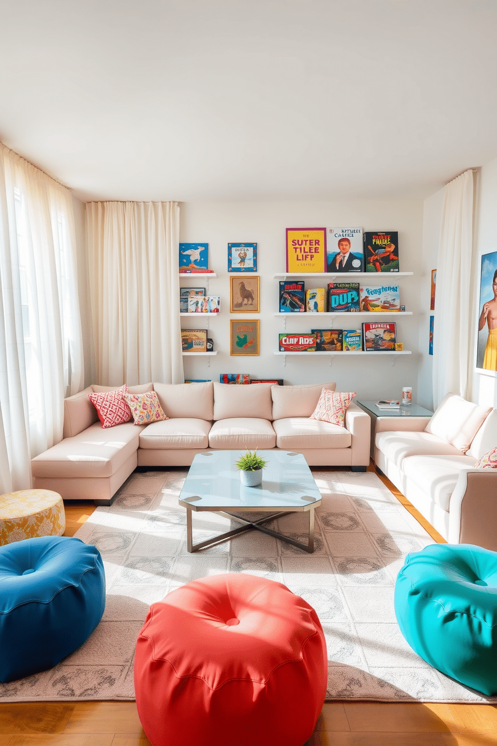 A bright and inviting game room adorned with light, airy curtains that gently filter sunlight. The space features a plush sectional sofa in soft pastel hues, complemented by a large area rug with a playful geometric pattern. A sleek coffee table sits at the center, surrounded by colorful poufs for additional seating. Wall-mounted shelves display an array of board games and vibrant artwork, creating a fun and engaging atmosphere.