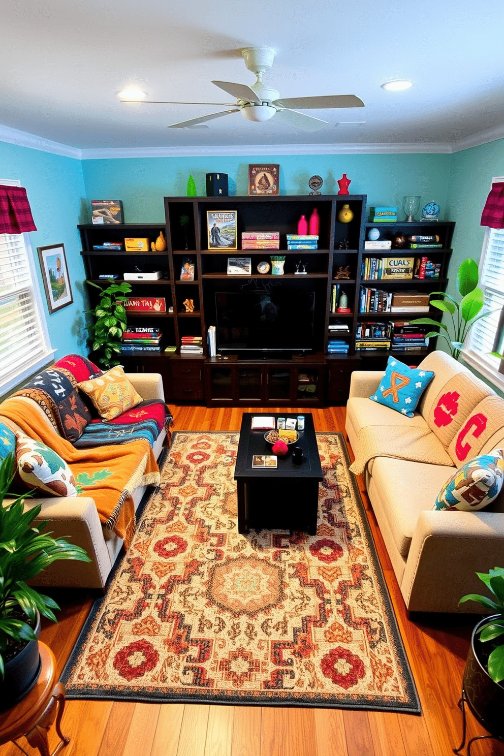 A vibrant game room filled with playful throw blankets draped over a cozy sectional sofa invites relaxation and fun. The walls are painted in a cheerful pastel hue, and a large area rug adds texture to the hardwood floor. An entertainment center showcases a sleek television, surrounded by shelves filled with board games and colorful decor. Potted plants in the corners bring life to the space, while a coffee table holds snacks and drinks for game night gatherings.