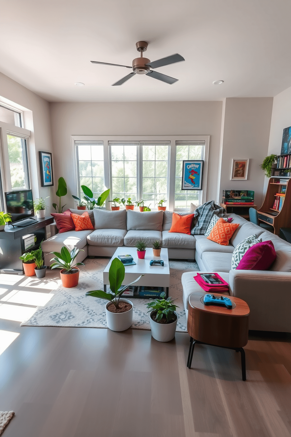 A vibrant game room filled with natural light features a large, plush sectional sofa in a soft gray hue, complemented by colorful throw pillows. A sleek coffee table sits in the center, surrounded by a collection of indoor plants in stylish pots, adding a refreshing touch of greenery. The walls are adorned with playful artwork, and a custom-built game console holds a variety of board games and gaming controllers. A cozy reading nook with a comfortable armchair and a small bookshelf invites relaxation, while a modern rug ties the space together.