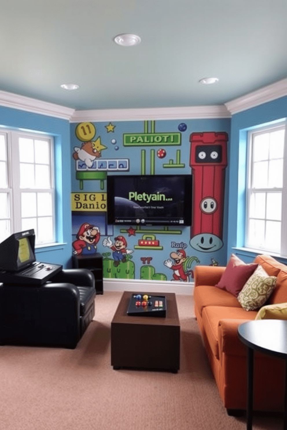 Create a vibrant game room featuring a fun mural that showcases various classic video game characters and elements. The walls are painted in bright colors to reflect the playful atmosphere, with comfortable seating arranged for an inviting space to enjoy gaming sessions.