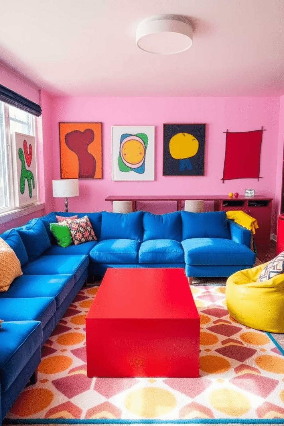 A vibrant game room filled with colorful and playful furniture. A large, plush sectional sofa in bright blue invites relaxation, while a yellow bean bag chair adds a fun touch to the space. The walls are adorned with playful artwork featuring abstract designs in various colors. A cheerful rug with a geometric pattern anchors the room, and a sleek coffee table in a bold red completes the look.