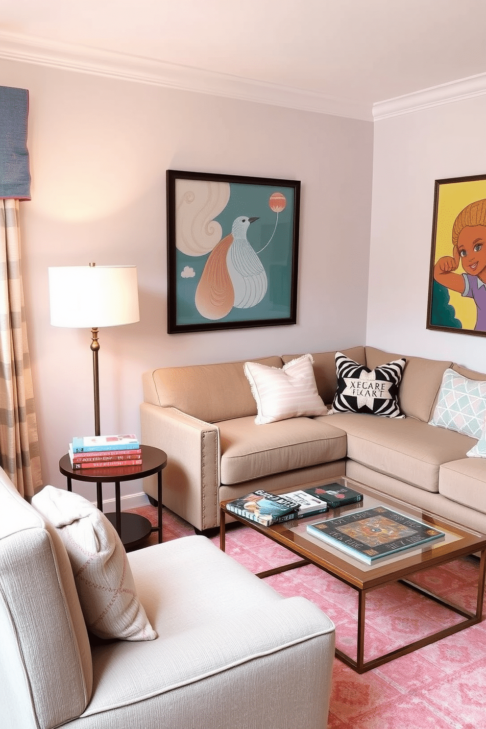 A cozy reading nook area featuring a plush armchair upholstered in soft, textured fabric. A small side table holds a stack of books and a steaming cup of tea, while a floor lamp with a warm glow illuminates the space. Spring Game Room Decorating Ideas that incorporate bright pastel colors and playful patterns. A comfortable sectional sofa is arranged around a coffee table with board games, and vibrant artwork adorns the walls to create an inviting atmosphere.