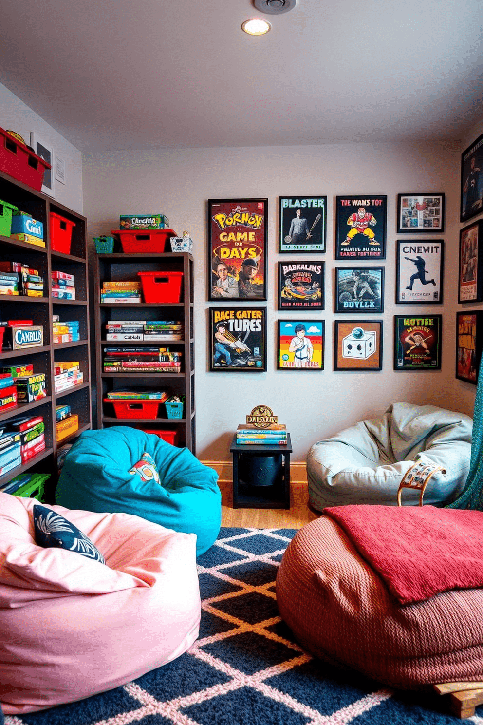 A vibrant game room filled with decorative storage solutions for games creates an inviting atmosphere. Shelves lined with colorful baskets and boxes showcase board games while adding a playful touch to the decor. Soft lighting illuminates a cozy seating area with plush bean bags and a stylish rug. A statement wall adorned with framed game posters adds personality and charm to the space.