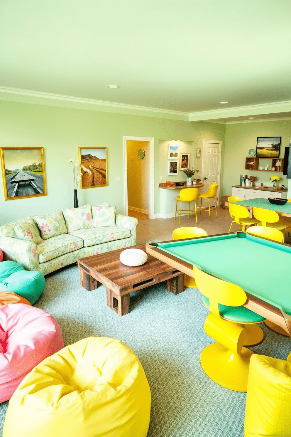 A vibrant game room filled with energy and fun. The walls are painted in soft pastel shades of mint green and light yellow, creating a fresh and inviting atmosphere. A large, plush sectional sofa in a cheerful floral pattern is positioned around a sleek coffee table made of reclaimed wood. Brightly colored bean bags and cushions are scattered throughout the room, adding comfort and playful touches. The game area features a stylish pool table with a mint green felt surface, surrounded by elegant bar stools in a sunny yellow finish. Decorative accents like framed artwork of spring landscapes and potted plants enhance the lively spring theme.