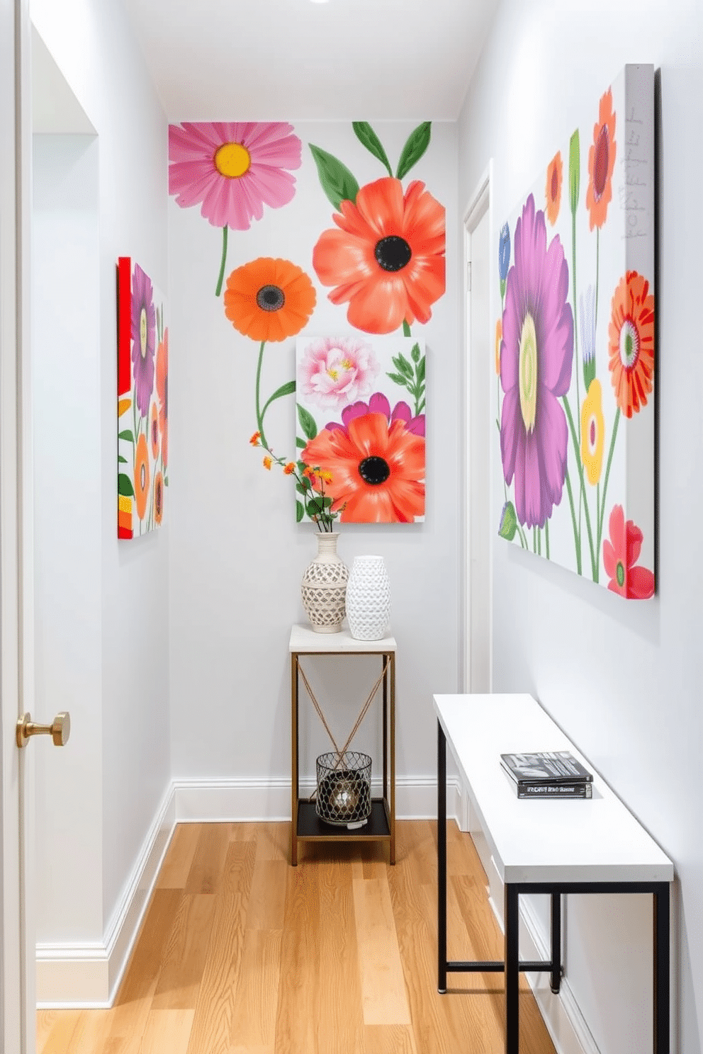 Bright floral wall art adorns the walls of a cheerful hallway, infusing the space with vibrant colors and a sense of freshness. The hallway features a light wood floor and a narrow console table topped with decorative objects that complement the artwork.