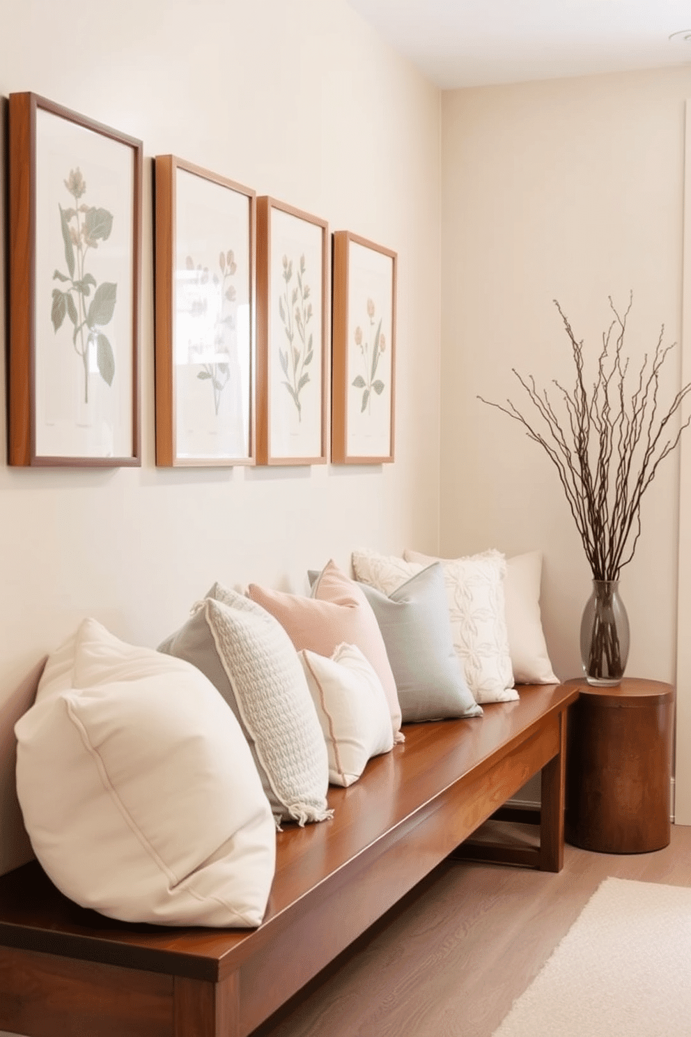 A cozy hallway featuring a long wooden bench adorned with an array of soft throw pillows in pastel colors. The walls are painted in a light beige shade, and a series of framed botanical prints hang above the bench, adding a touch of nature to the space.