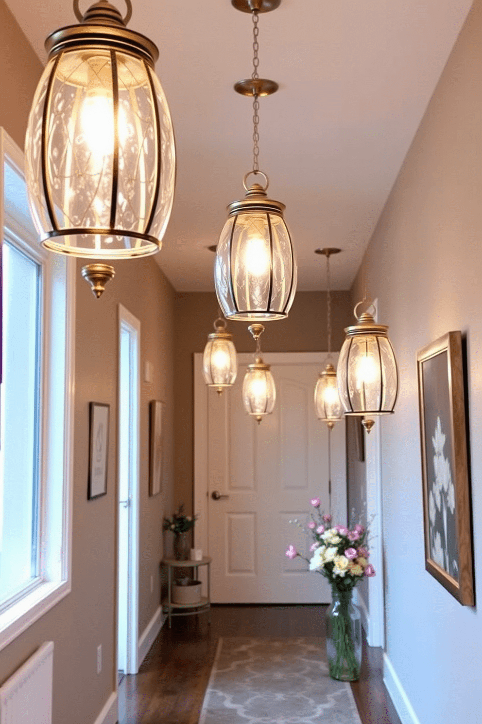 A series of elegant hanging pendant lights illuminate the hallway, casting a warm and inviting glow. The lights are crafted from glass and metal, featuring intricate designs that complement the surrounding decor. To enhance the spring theme, the hallway is adorned with fresh flowers in pastel colors arranged in stylish vases. Soft, light-colored accents such as a patterned runner and decorative wall art create a cheerful and welcoming atmosphere.