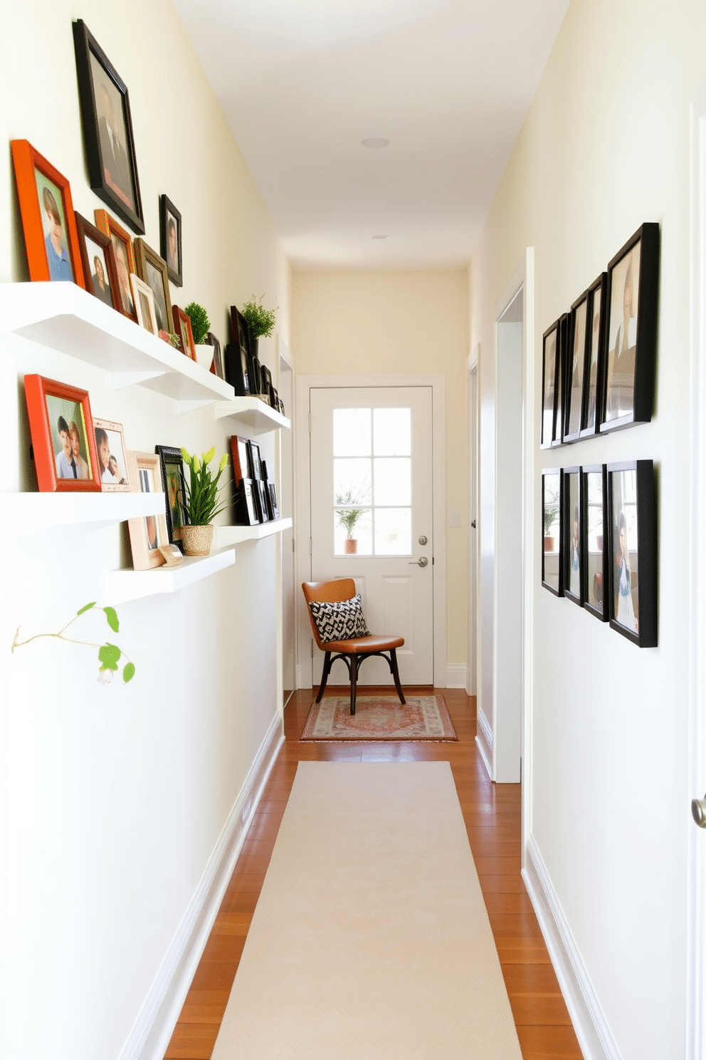 A bright and inviting hallway features wall-mounted shelves adorned with an array of family photo frames. The shelves are painted in a soft white hue, providing a clean backdrop for the colorful images that capture cherished memories. To enhance the spring theme, fresh green plants are placed on some of the shelves, adding a touch of nature. A pastel-colored runner rug stretches along the hallway, complementing the light and airy atmosphere created by the decor.