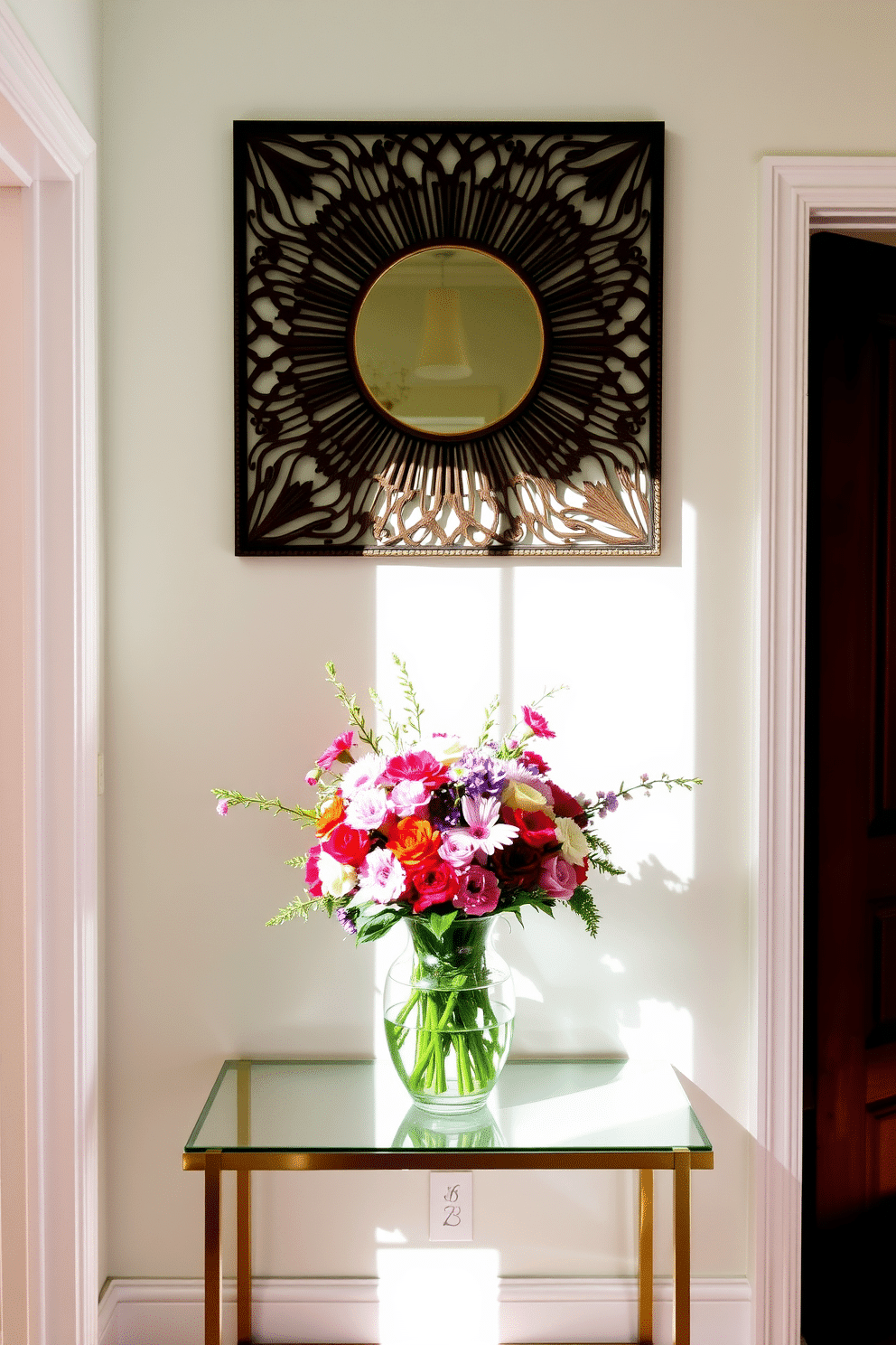 A bright and inviting hallway features a stylish entry table adorned with a fresh flower vase overflowing with colorful blooms. The walls are painted in a soft pastel hue, complemented by a decorative mirror above the table that reflects natural light.