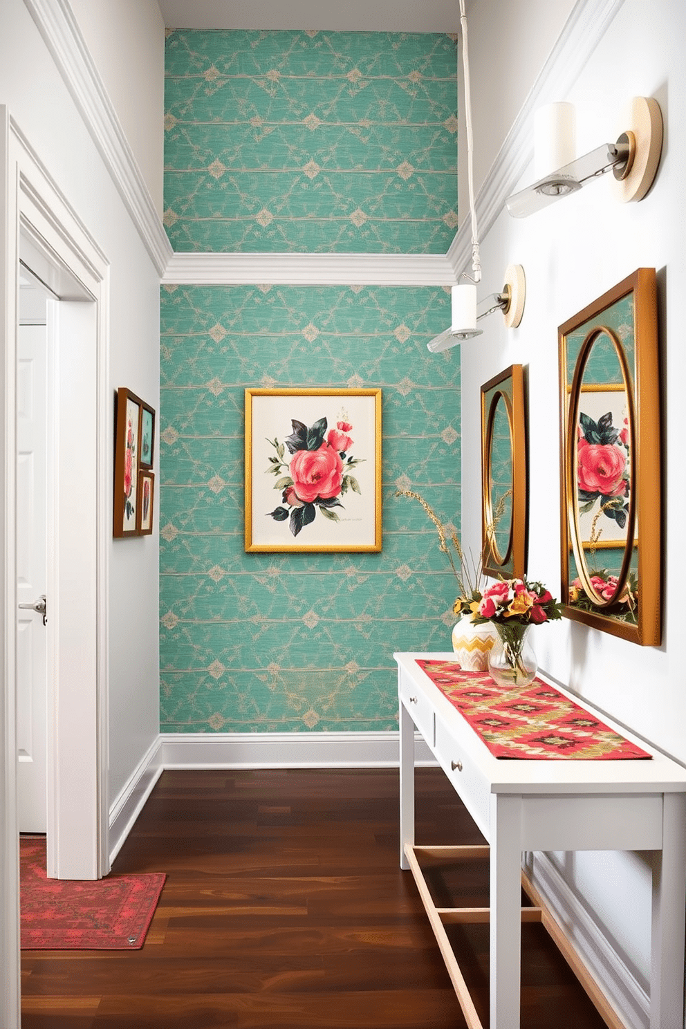 A vibrant accent wall in a hallway features a bold geometric pattern in shades of teal, coral, and mustard yellow. This eye-catching design sets the tone for a lively and inviting atmosphere, complemented by sleek white trim and modern light fixtures. Floral artwork and decorative mirrors adorn the walls, adding depth and character to the space. A stylish console table with a colorful runner provides a perfect spot for decorative items and a warm welcome.