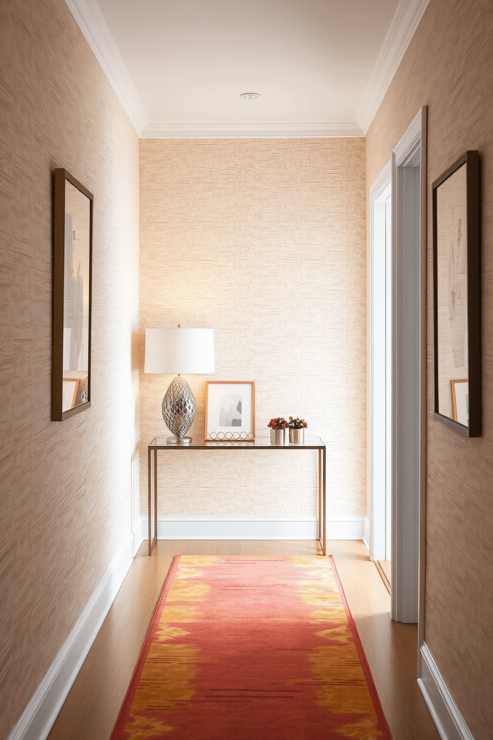 A hallway adorned with textured wallpaper that adds depth and character to the space. The wallpaper features a subtle floral pattern in soft pastel colors, creating a welcoming ambiance. Decorative elements include a sleek console table topped with a stylish lamp and a few carefully curated art pieces. A vibrant runner rug in complementary hues stretches along the floor, enhancing the inviting atmosphere.