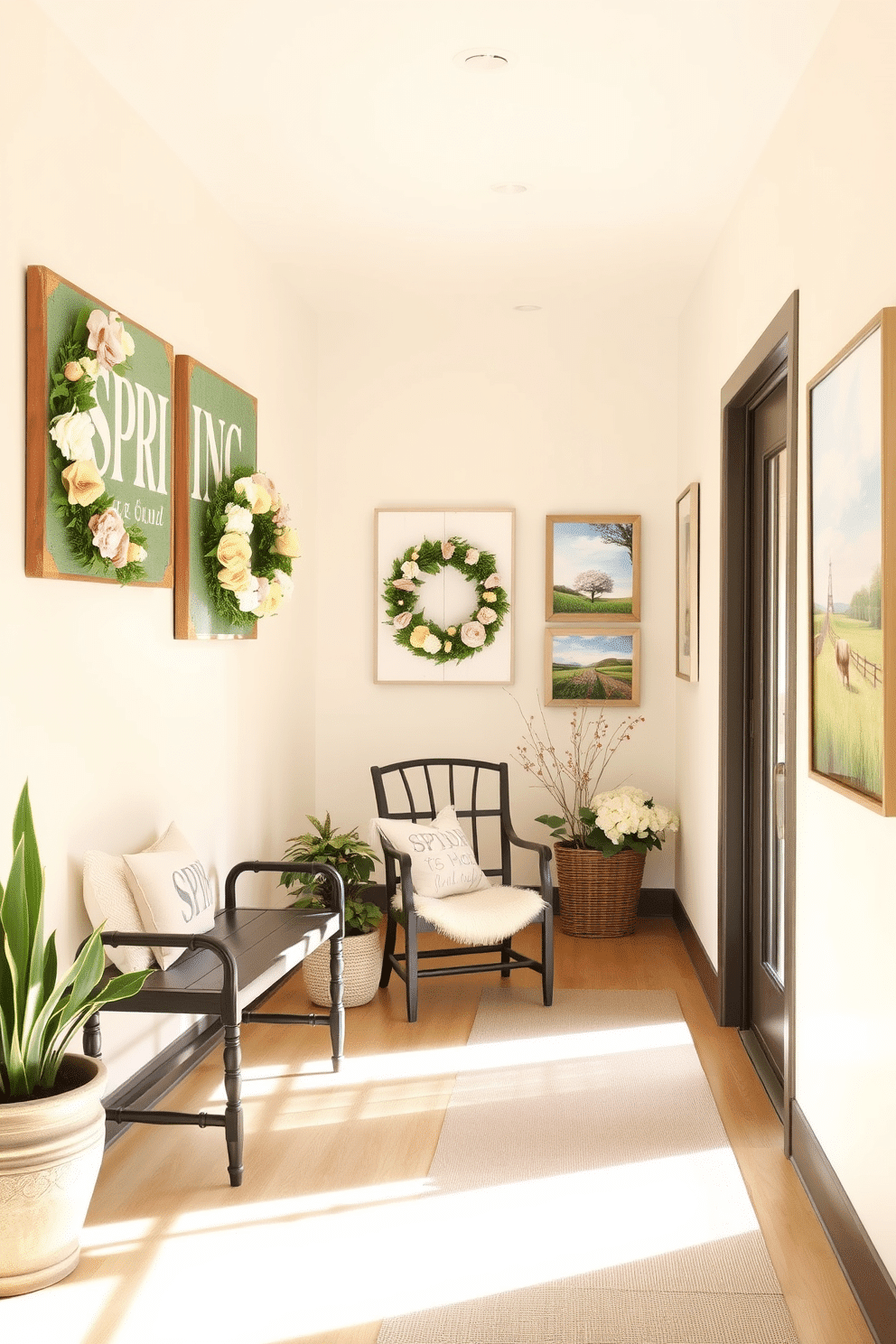 A bright and inviting entryway adorned with spring-themed signs featuring floral designs and pastel colors. The signs are hung on a light-colored wall, accompanied by potted plants and a decorative bench. A cozy hallway decorated with spring accents such as wreaths made of fresh flowers and soft pastel-colored runners. The walls are adorned with framed art pieces showcasing spring landscapes, creating a cheerful atmosphere.