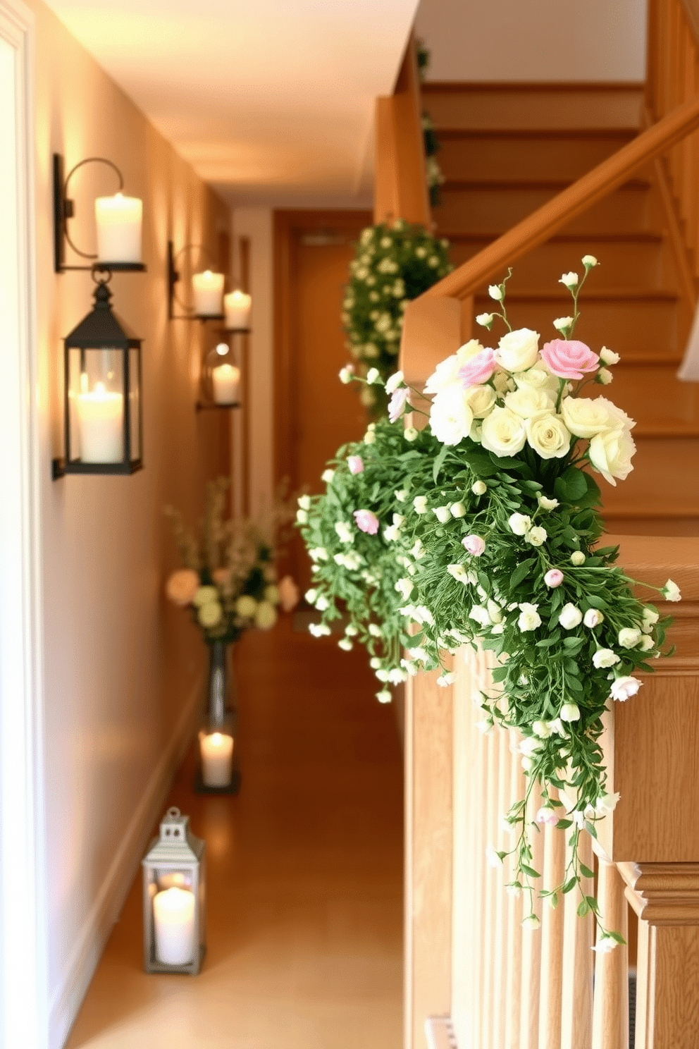 Candle lanterns are strategically placed along the walls, casting a warm and inviting glow throughout the space. The soft flickering light enhances the natural wood tones of the hallway, creating a serene atmosphere. Spring decorations adorn the hallway, featuring fresh flowers in pastel colors arranged in elegant vases. Delicate garlands made of greenery and blossoms drape gracefully along the staircase railing, adding a touch of seasonal charm.