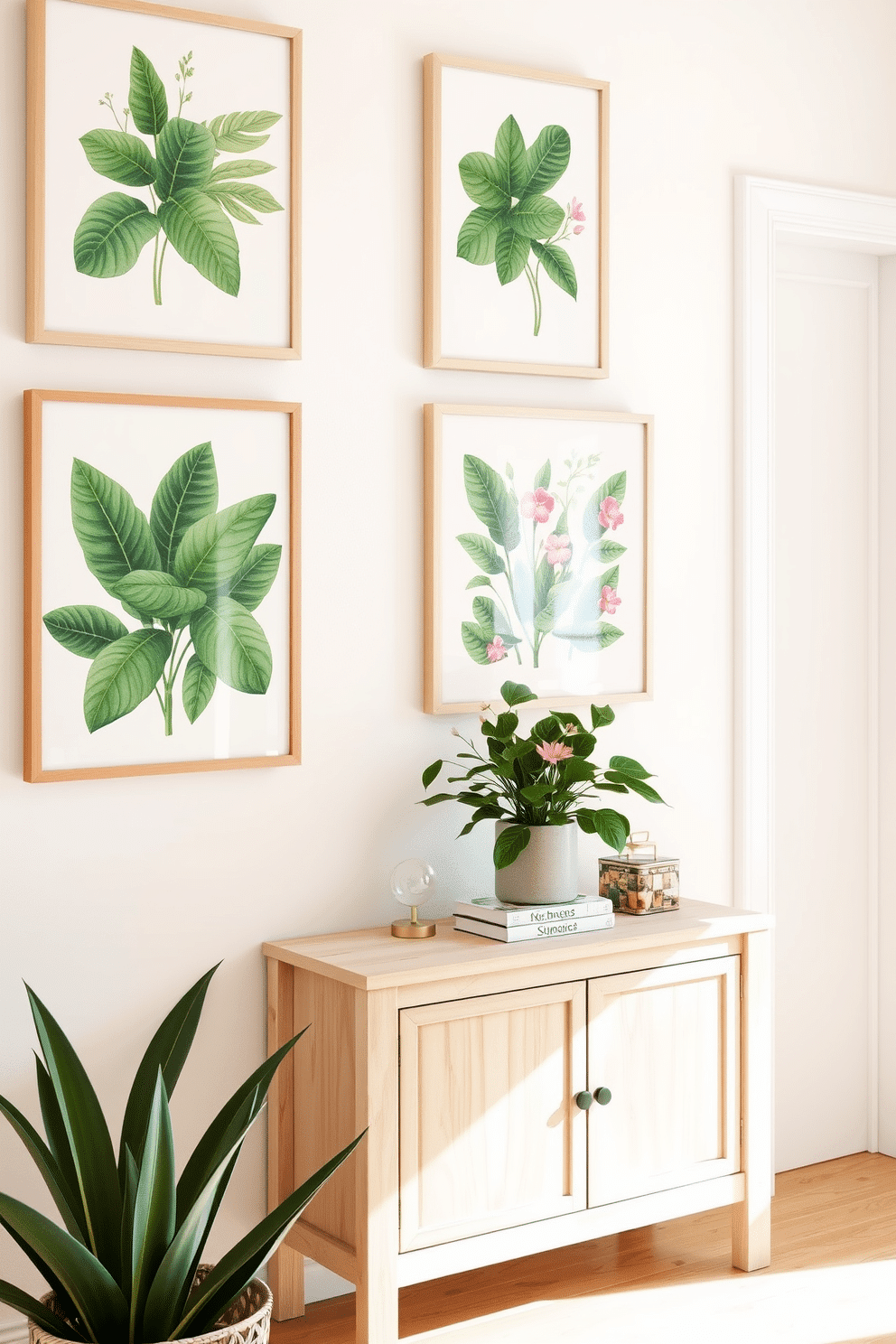 Framed botanical prints adorn the walls of a bright and airy hallway. The prints feature lush green leaves and vibrant flowers, creating a refreshing nature vibe that invites the outdoors inside. To enhance the spring theme, a soft pastel color palette is used for the decor. A simple console table with a light wood finish is placed against one wall, topped with a small potted plant and a few decorative books.