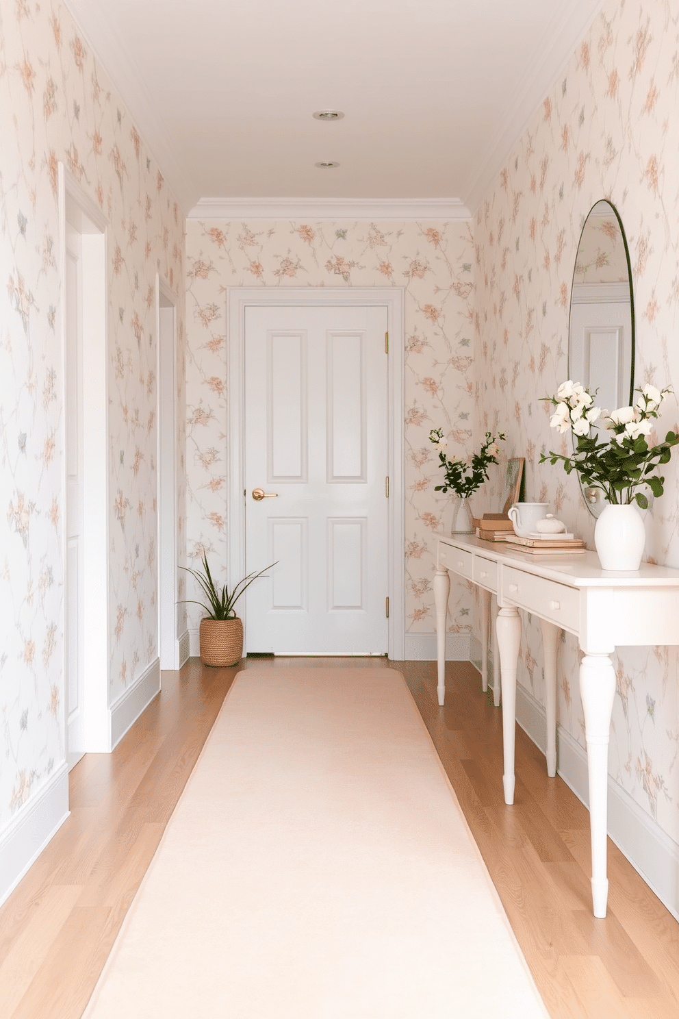 A pastel colored runner rug stretches elegantly along the hallway, adding a soft touch to the space. The walls are adorned with light floral wallpaper, enhancing the cheerful ambiance of spring. Delicate potted plants line the sides of the hallway, bringing a fresh and lively feel. A simple console table at the end of the hallway displays a few decorative items, complementing the overall spring theme.