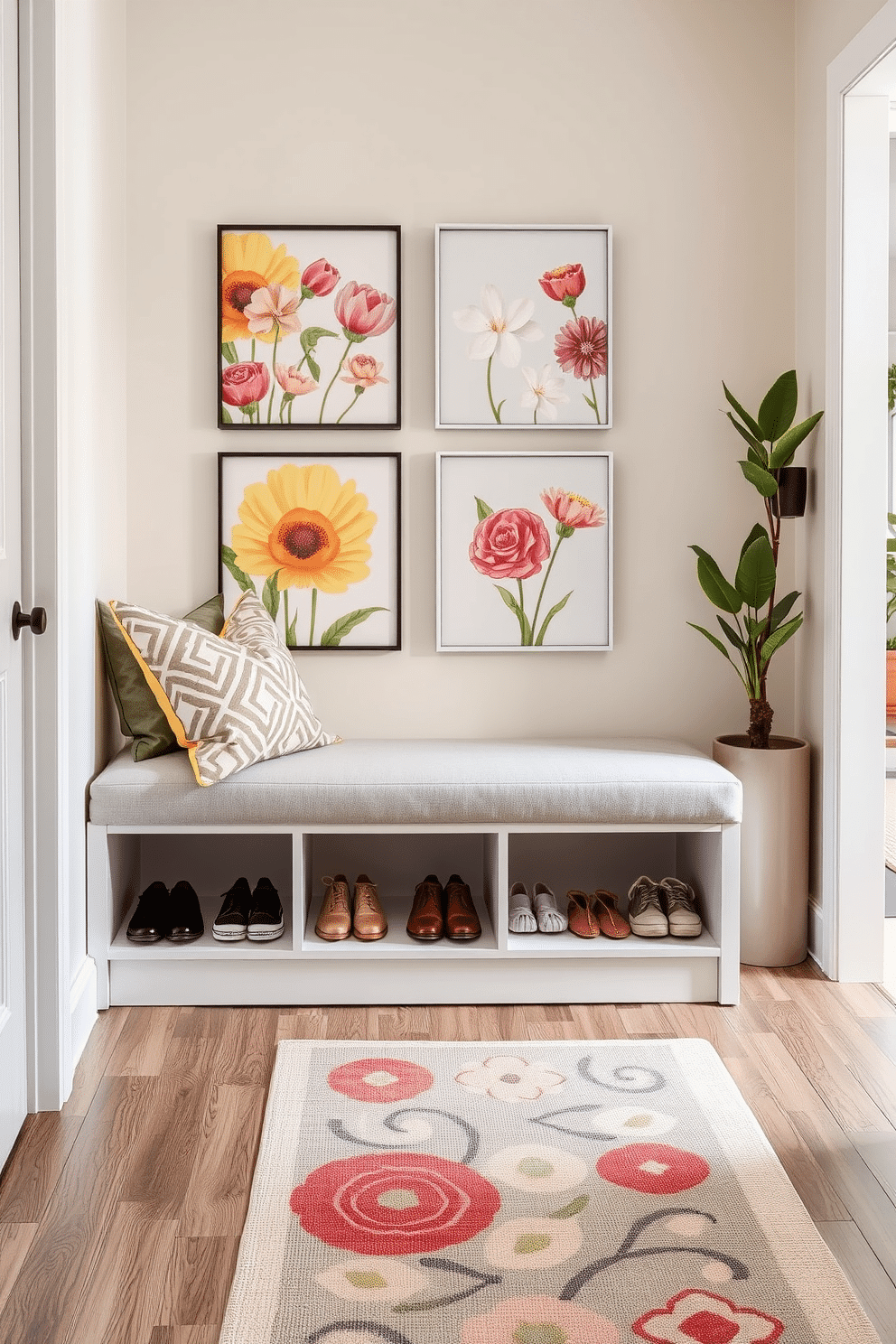 A stylish shoe storage solution features a sleek, modern bench with built-in cubbies underneath for easy access to shoes. The bench is upholstered in a soft gray fabric, and decorative pillows add a pop of color, enhancing the overall aesthetic of the entryway. Spring hallway decorating ideas include vibrant wall art that showcases floral themes, creating a fresh and inviting atmosphere. A runner rug with pastel colors complements the decor, while potted plants placed strategically along the walls introduce a touch of nature.