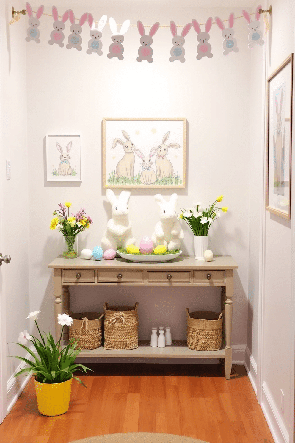 A whimsical hallway decorated for Easter features playful bunny motifs and pastel colors. Soft, fluffy bunny figurines sit atop a console table, surrounded by colorful eggs and spring flowers in cheerful arrangements. The walls are adorned with light, airy artwork depicting bunnies in various playful poses. A garland of paper bunnies hangs above the entryway, adding a festive touch to the spring decor.