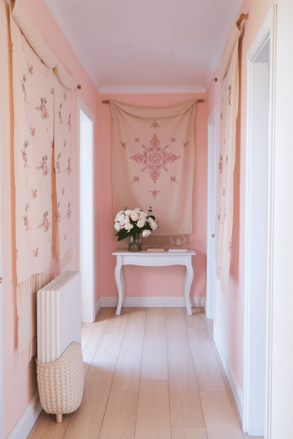 A cozy hallway adorned with fabric wall hangings that add warmth and texture. The walls are decorated with soft pastel colors, and the floor features light wooden planks for a welcoming atmosphere. Delicate floral patterns on the fabric create a fresh spring vibe. A small console table is placed against one wall, topped with a vase of blooming flowers and a few decorative items.