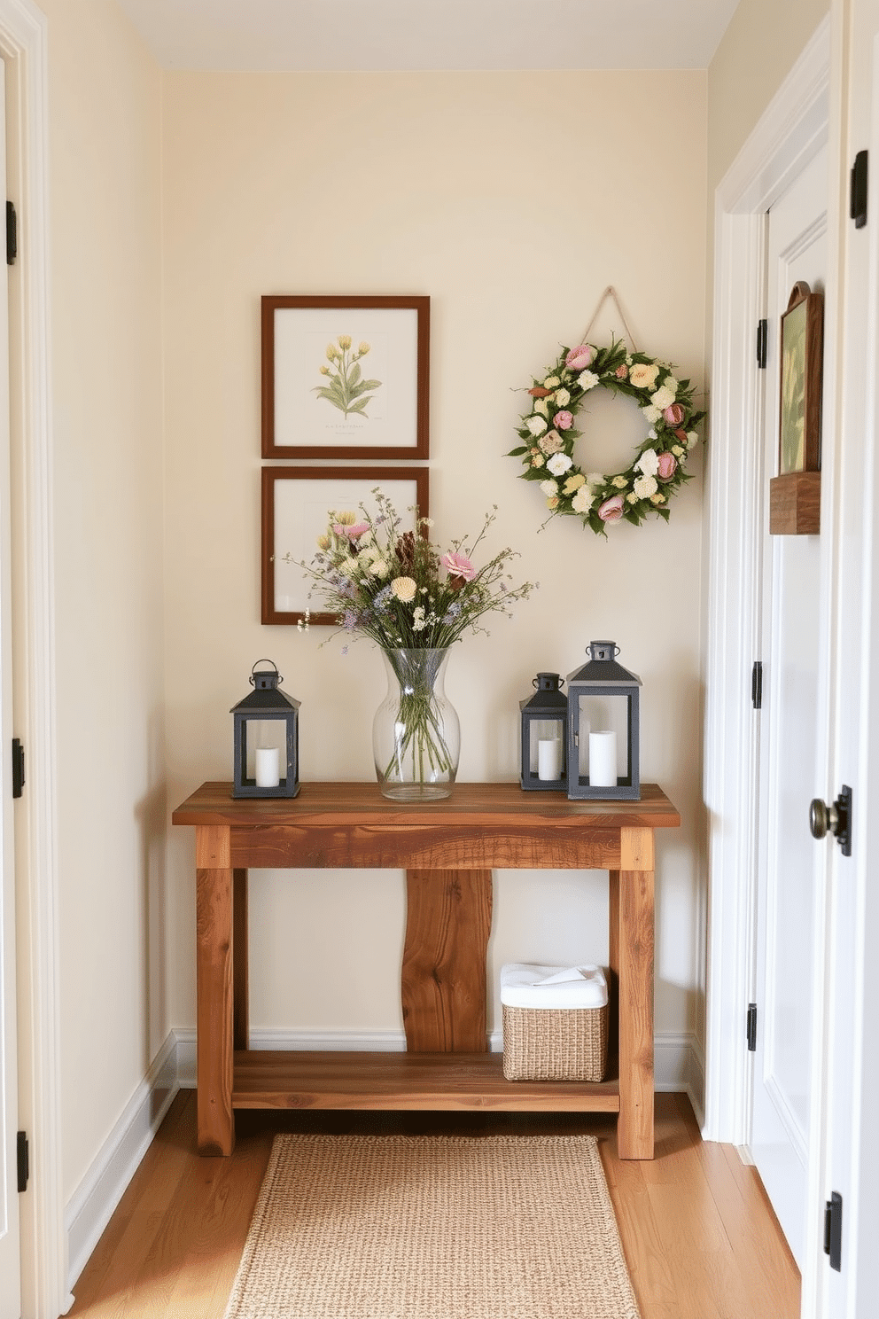 Natural wood elements create a warm and inviting atmosphere in the hallway, featuring a reclaimed wood console table adorned with a vase of fresh wildflowers. The walls are painted in a soft cream color, and a woven jute runner adds texture to the rustic charm of the space. Spring decor brightens the hallway with pastel accents, including framed botanical prints and a cheerful wreath made of seasonal blooms. A pair of lanterns on the console table provide soft lighting, enhancing the welcoming feel of this beautifully decorated entryway.