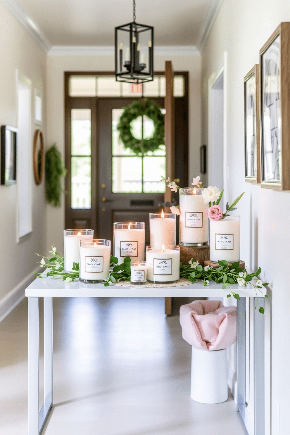 A bright and inviting hallway adorned with seasonal scented candles in various sizes. The candles are arranged on a sleek console table, surrounded by fresh greenery and pastel-colored decor elements that evoke the essence of spring.