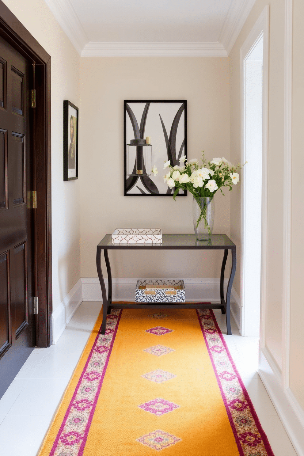 A stylish hallway featuring a console table adorned with decorative trays for keys and mail. The trays are made of ceramic with intricate patterns, adding a touch of elegance to the space. The walls are painted in a soft pastel hue, complemented by a vibrant runner rug that leads down the hallway. Fresh spring flowers in a vase sit on the console table, bringing a lively and inviting atmosphere.