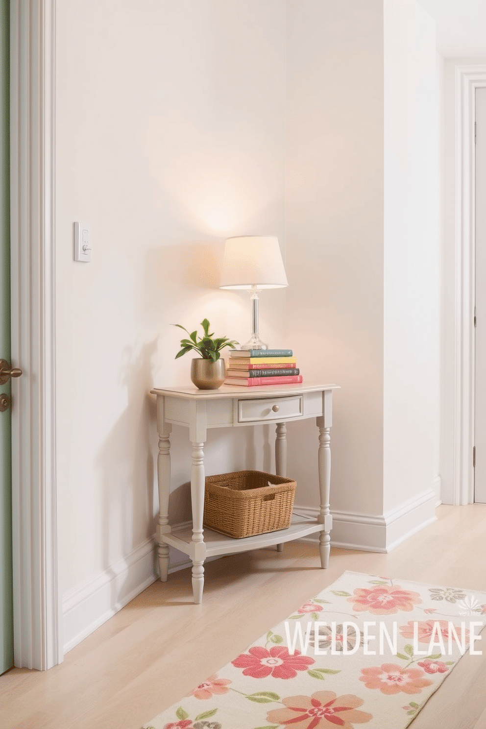 A charming side table sits against the wall in a bright hallway. It is adorned with a small potted plant, a stack of colorful books, and a decorative lamp that casts a warm glow. The walls are painted in a soft pastel hue, creating a welcoming atmosphere. A stylish runner rug in floral patterns adds a touch of spring flair to the space.