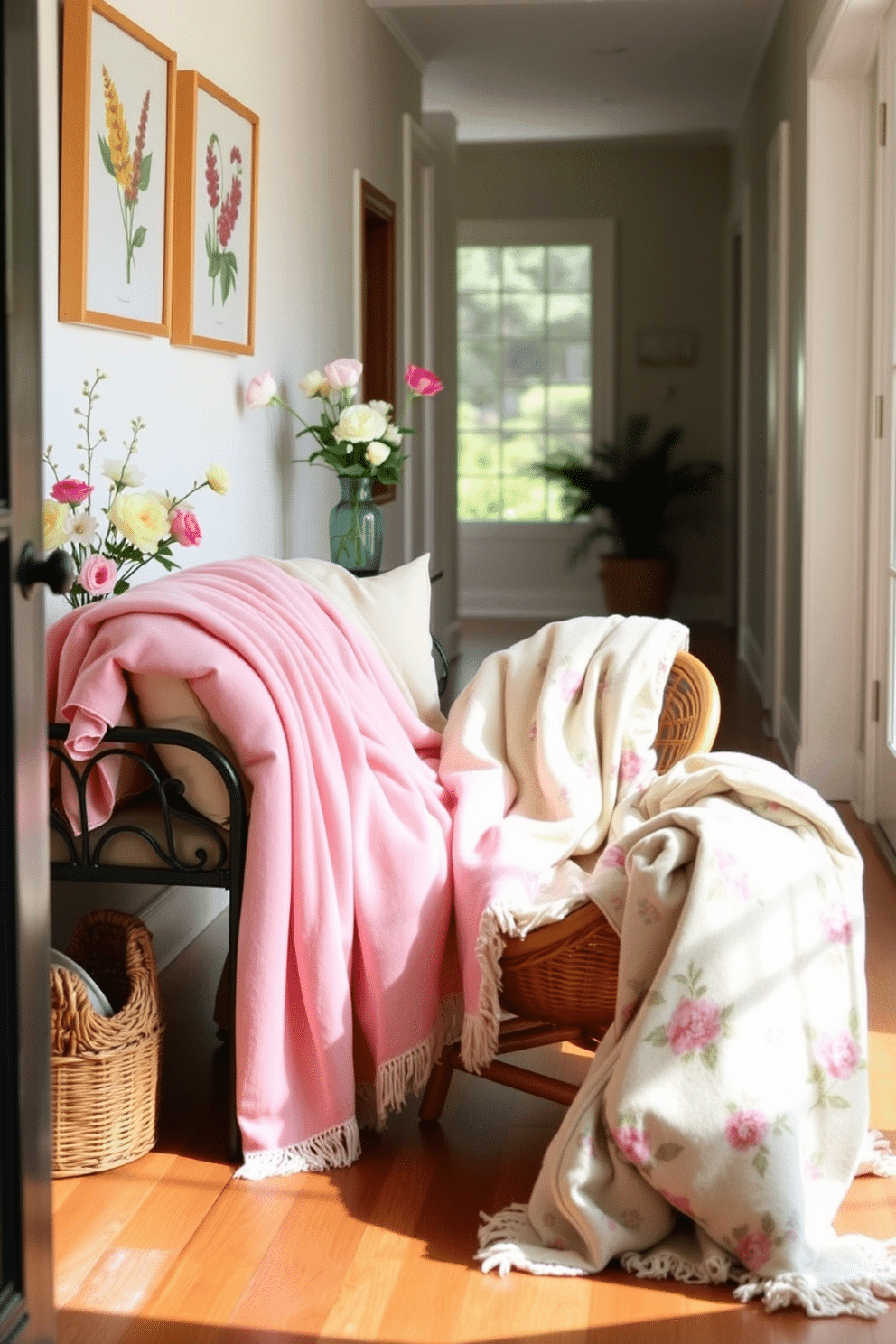 A cozy spring hallway adorned with soft pastel-colored throw blankets draped over a stylish bench. The walls are decorated with botanical prints, and fresh flowers in a vase add a cheerful touch to the space. Warm and inviting throw blankets in floral patterns are casually placed on a wicker chair, inviting relaxation. Natural light streams through the windows, highlighting the vibrant colors and creating a welcoming atmosphere.