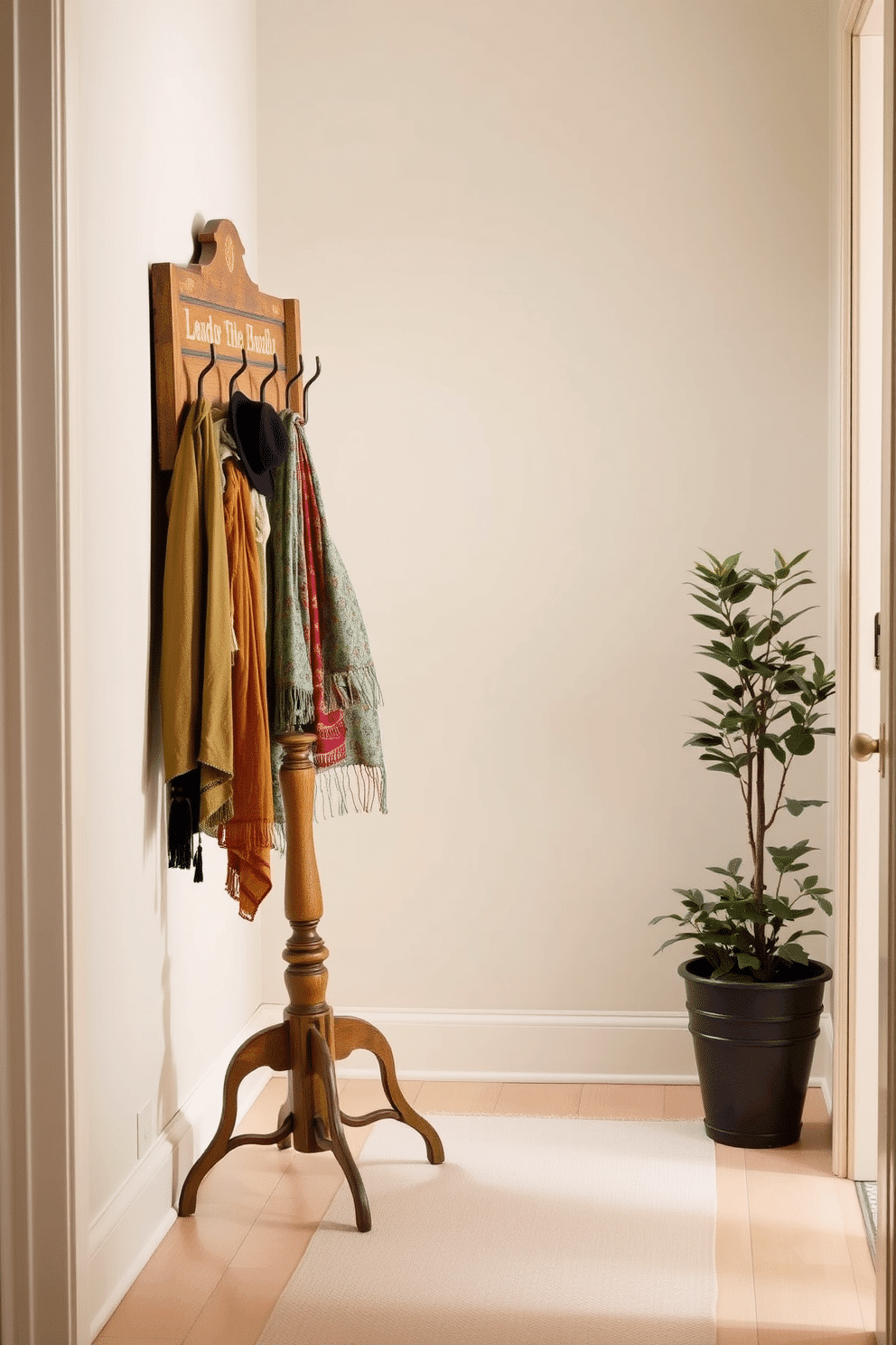 A vintage coat rack made of distressed wood stands against a soft pastel wall, exuding charm and character. The hallway features a light-colored runner rug that complements the warm tones of the coat rack, creating an inviting atmosphere. Decorative hooks hang from the rack, showcasing a collection of colorful scarves and hats. Potted greenery sits nearby, adding a touch of nature and freshness to the space.