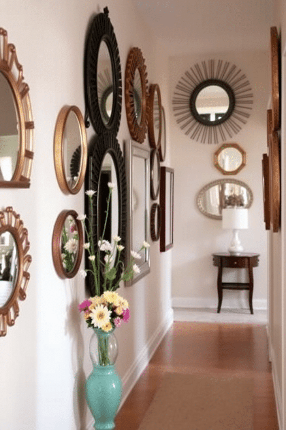 A collection of decorative mirrors adorns the walls of a spacious hallway, reflecting light and creating an airy atmosphere. The mirrors vary in shape and size, arranged artfully to enhance the sense of openness and style. Vibrant spring colors are incorporated through floral arrangements and pastel accents, bringing life to the hallway decor. Soft lighting highlights the mirrors, creating a warm and inviting entrance to the home.