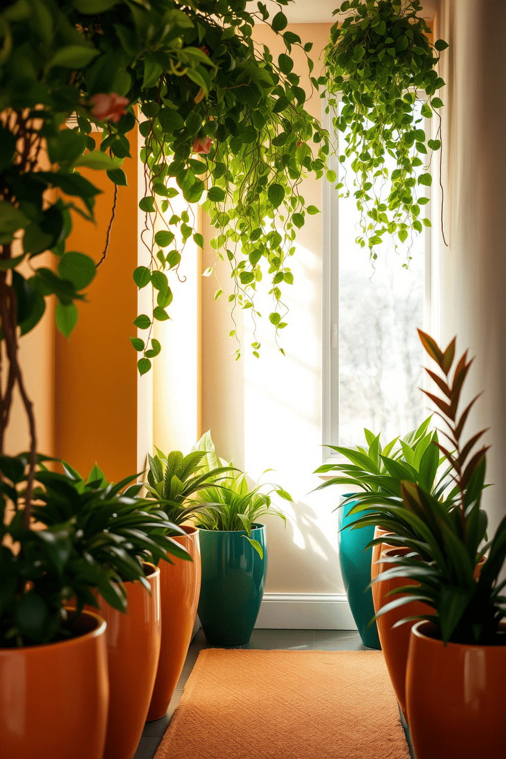 A vibrant hallway adorned with stylish planters filled with lush greenery. The planters are made of ceramic with a glossy finish, and they line the walls, creating a refreshing and inviting atmosphere. Soft, natural light filters through a nearby window, illuminating the rich textures of the leaves. A subtle area rug in earthy tones adds warmth and comfort to the space, enhancing the overall aesthetic.