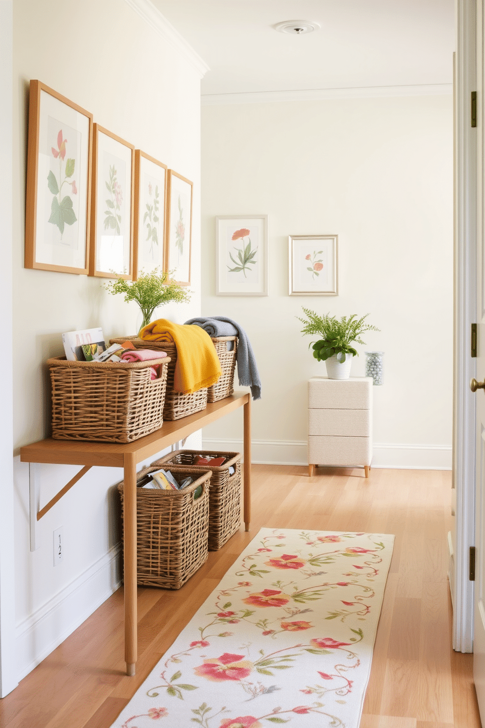 A bright and inviting hallway features lightweight wicker baskets neatly arranged on a wooden shelf. The baskets are filled with colorful throws and magazines, adding a touch of warmth and charm to the space. The walls are painted in a soft pastel hue, complemented by a series of framed botanical prints. A runner rug with a floral pattern stretches along the floor, enhancing the springtime feel of the hallway.