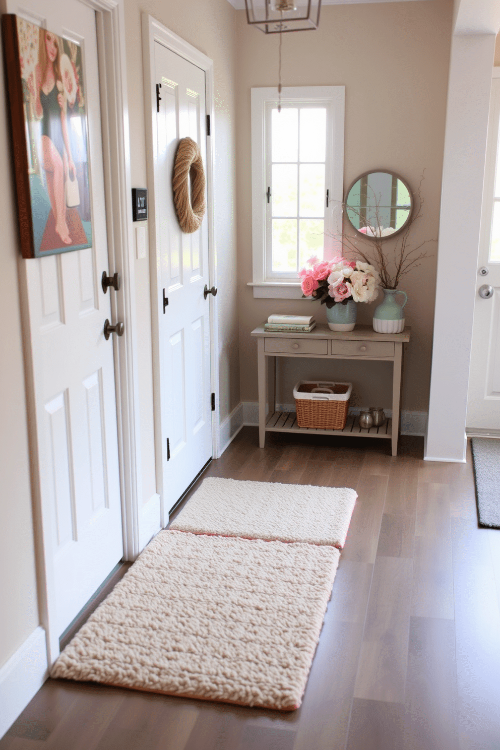 A warm and inviting hallway features layered doormats in soft neutral tones. The top mat has a subtle geometric pattern while the bottom mat is a plush solid color, creating a cozy and welcoming touch. Fresh spring decor accentuates the space with pastel-colored accents and floral arrangements. A small console table displays a vase of seasonal flowers, enhancing the cheerful atmosphere.