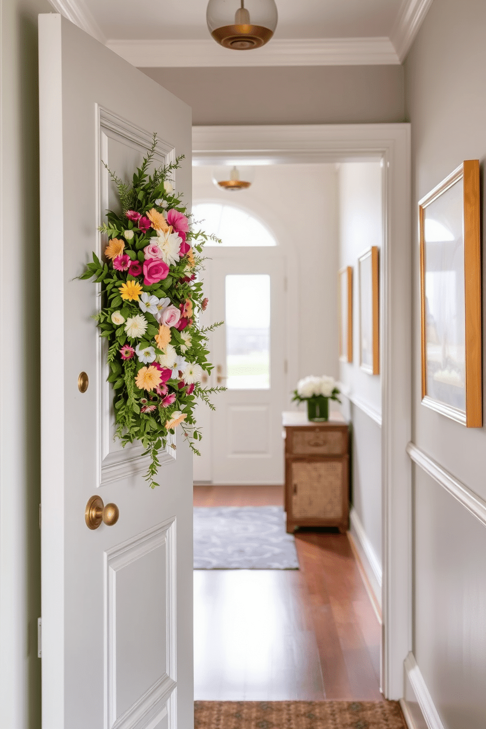 A vibrant seasonal wreath adorned with fresh flowers and greenery hangs on a classic front door. The entrance is welcoming, inviting guests to experience the charm of spring. The hallway is decorated with soft pastel colors and light fabrics that evoke a sense of renewal. Delicate artwork featuring spring landscapes lines the walls, enhancing the airy atmosphere.