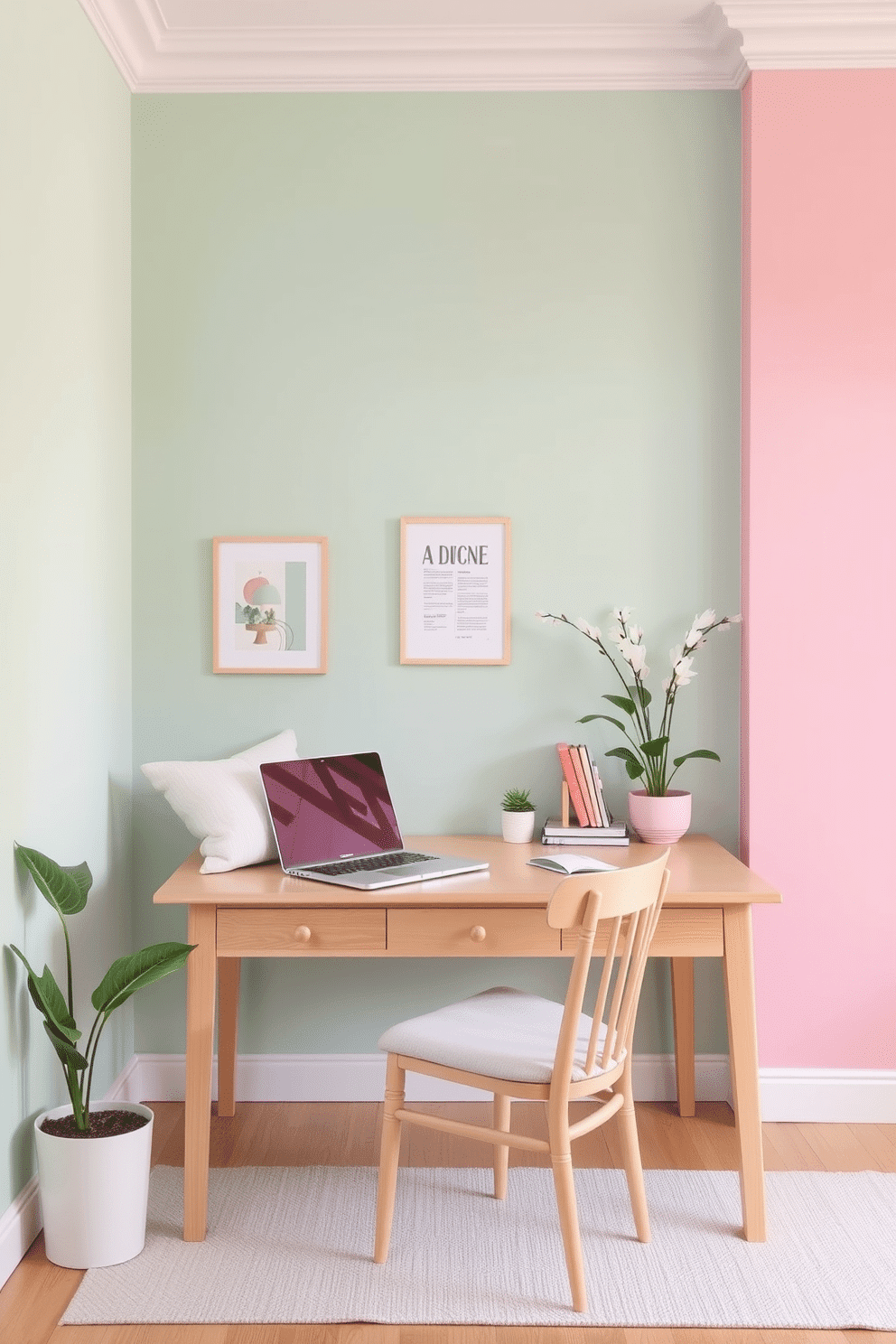 Bright pastel color palettes for walls create a refreshing and inviting atmosphere. Soft shades of mint green, pale pink, and sky blue can be combined to bring a cheerful and calming vibe to your home office. Incorporate light wooden furniture to complement the pastel hues and enhance the airy feel of the space. Add decorative elements such as potted plants and pastel-colored accessories to complete the spring-inspired look.